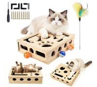 Bztzhm 2 in 1 Cat Scratch Puzzle Enrichment Box, Interactive Cat Nail File Toy with Sandpaper, 3 Bell Balls, Feather and 4 Anti-slip Mats, Large Wooden Scratch Boxes for Indoor Kitten Cat Scratching