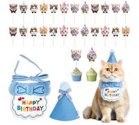 BZUEPRS 26Pcs Cats Birthday Hat Scarf Set, Cat Birthday Party Supplies Include 24Pcs Cupcake Toppers(8 Style), Reusable Kitten Clothes Bandana for Pet Cat Birthday Party Decorations (Blue)