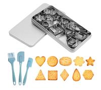 BZUEPRS 34Pcs Metal Cookie Cutter Set, Biscuit Cutters with Box Oil Brush Spatula, 10 Stainless Steel Shapes Including Heart, Star, Round and Flower Square for Baking Biscuits Mini Molds Kitchen