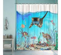 bzwcbei Funny Cat Shower Curtain, Cat Swimming in Sea Ocean with Turtle Octopus Bathroom Shower Curtain Set, Shower Curtains Liner with Hooks, 69x70inches