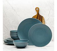 Bzyoo 12 Piece Melamine Dinnerware Set - Durable, Dishwasher Safe Plates and Bowls - Casual Dining, Parties, Blue Dish Set Organica Blue Collection