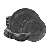 bzyoo BPA-Free Dishwasher Safe 100% Melamine Plastic Plate & Bowl Set Casual dining Indoor and Outdoor Dining Party Environmental Friendly (12 PCS set, Service for 4, La la Mandala -black)