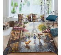 BZZOLASP 3D Print All Season Microfibre Paris Street Duvet Cover Set Breathable Bedding Set with Pillow Cases Impressionist Cityscape Quilt Cover Easy Care for Men Women Kids Double（200x200cm）