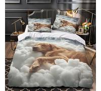 BZZOLASP Golden dog sleeping 3D Printed Duvet Cover 3pc Premium Microfibre Concealed whimsical cloud scene Duvet Cover 2 Pillowcases Lightweight Stain-Resistant Teens Young Adults Single (135x200cm)