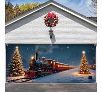 C, 13 x 6 ft/4 x 1.8 m, Christmas Garage Door Banner - Festive Train with Christmas Tree, Gifts & Snow Scene - Large Waterproof Outdoor Cover, Reusable Christmas Background for Home