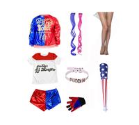 (C, 150) Harley Squad Girls Monster Shirt Quinns Costume Printed Jacket Shirt Pants Gloves Suicide Quinn Cosplay Halloween Costume