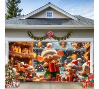 C, 6.5 x 5 ft/2 x 1.5 m, Christmas Garage Door Banner - Large Christmas Decoration for Outdoor, Cute Mouse Family with Gifts, Winter Snow Scene, Party & Garden Decoration, Waterproof