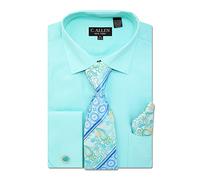 C. Allen Men's Solid Micro Pattern Regular Fit Dress Shirts with Tie Hanky Cufflinks French Cuffs Combo, Turquoise, 17.5" Neck 34"-35" Sleeve