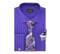 C. Allen Men's Solid Striped Herringbone Regular Fit French Cuffs Dress Shirts with Tie Hanky Cufflinks Combo, Plum, 18.5" Neck 34"-35" Sleeve