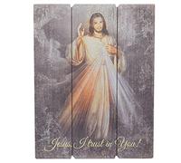 C B 15 inch Pallet Style Divine Mercy Wall Art | Jesus, I trust in you! | Beautiful Catholic Home Decor | Great Gift for Confirmation, Housewarming, and Weddings | Rustic Farmhouse Style, grey