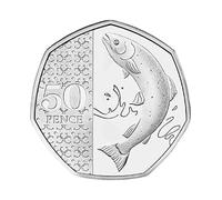 C!BLY'S RARE LOW 200,000 MINTAGE 2023 King Charles III Commemorative 50p Coin, Atlantic Salmon Design, Royal Mint, Circulated Condition, NO Privy Mark
