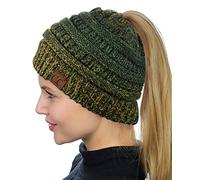 C.C BeanieTail Soft Stretch Cable Knit Messy High Bun Ponytail Beanie Hat, Confetti Ombre Olive, One Size