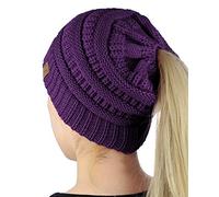 C.C BeanieTail Soft Stretch Cable Knit Messy High Bun Ponytail Beanie Hat - Purple