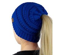 C.C BeanieTail Soft Stretch Cable Knit Messy High Bun Ponytail Beanie Hat, Royal, One Size