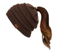 C.C Exclusives Soft Stretch Cable Knit Messy Bun Ponytail Beanie Winter Hat for Women (MB-20A), Brown, One Size