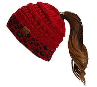 C.C Exclusives Soft Stretch Cable Knit Messy Bun Ponytail Beanie Winter Hat for Women (MB-20A)(CCB-1), 1 Leopard Red, One Size
