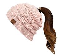 C.C Exclusives Soft Stretch Cable Knit Messy Bun Ponytail Beanie Winter Hat for Women (MB-20A), Indi Pink, One Size