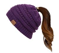 C.C Exclusives Soft Stretch Cable Knit Messy Bun Ponytail Beanie Winter Hat for Women (MB-20A), Purple, One Size