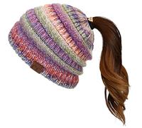 C.C Exclusives Soft Stretch Cable Knit Messy Bun Ponytail Beanie Winter Hat for Women (MB-20A), Rose Mix, One Size