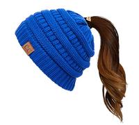 C.C Exclusives Soft Stretch Cable Knit Messy Bun Ponytail Beanie Winter Hat for Women (MB-20A), Royal, One Size