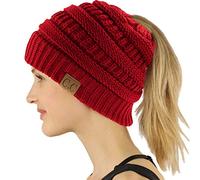 C.C Exclusives Soft Stretch Cable Knit Messy Bun Ponytail Beanie Winter Hat for Women (MB-20A), Solid Red, One Size