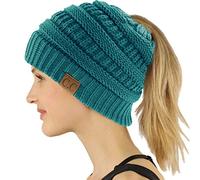 C.C Exclusives Soft Stretch Cable Knit Messy Bun Ponytail Beanie Winter Hat for Women (MB-20A), Solid Teal, One Size