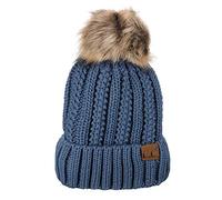 C.C Fleece Lined Cable Knit Faux Fur Skull Cap Cuff Beanie with Pom, Dk Denim