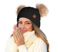 C.C Hatsandscarf Exclusives Cable Knit Double Pom Winter Beanie (HAT-2055)(HAT-23), Black-natural Pom, M