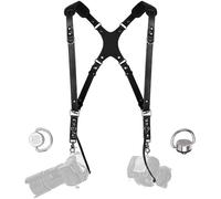 C Coiro Camera Harness for 2 Cameras - Slim Dual Shoulder Leather Camera Strap - Camera Straps for Photographers with Safety Tether Adjustable Size, Black