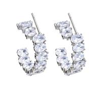 C Hoop Earrings with Prong-Set Oval Zircon | Oval Zircon Accents, C-Shaped Ear Hoops, Copper Base, Individual Prong 1 Pair