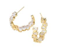 C Hoop Earrings with Prong-Set Oval Zircon | Oval Zircon Accents, C-Shaped Ear Hoops, Copper Base, Individual Prong 1 Pair