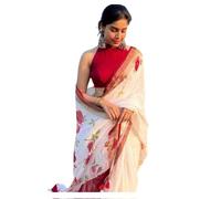 C J Enterprise Women’s Pure Linen Cotton Banarasi Soft Silk Saree With Blouse Piece For Wedding (WhiteRed) (White), White Red, One Size