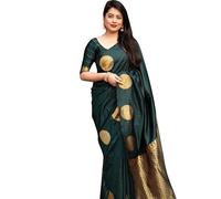 C J Enterprise Women's Pure Banarasi Silk Saree Kanjivaram Style Saree With Blouse Piece For Wedding (KeriGola), Dark Green, One Size