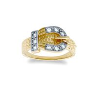 (C) Jewelco London Kids Solid 9ct Yellow Gold White Round Brilliant Cubic Zirconia Belt Buckle Baby Ring - JBR018
