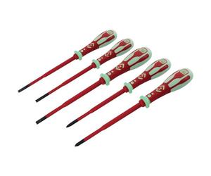 C.K Dextro VDE Slim GLO Set of 5 Phosphorescent Screwdrivers SLP & PZ, Glow in the Dark Thin Slotted Pozidriv PZ1 PZ2 SL, Electricians Insulated Screwdriver Sets, Electrical Terminal Tools T49283PD