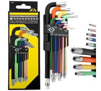 C.K Tools 9 Piece Torx Key Set Tamper Proof T10-T50, Star Hex Allen Wrench Set, Colour Coded Non-Slip Shafts, S2 Steel Hardened Blades, Sandblast Chrome Finish, Folding Holder, Workshop, DIY, CK T4450