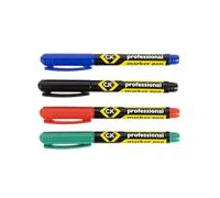 C.K Tools Professional Marker Pen 4 Pack Mixed Colours, 1 mm Bullet Nibs | Black Red Green Blue, CK T3594, Permanent Waterproof Quick Dry Ink, Carpenter Electrical Construction Jobsite Marking