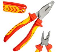 C.K Tools Redline VDE Access Pliers for Cabinets and Cable Trays, 180 mm | Individually Tested to 10,000 V, Tapered Nose, Square-Nut Holder and 90° Pin Holder for Cabinet Work, Made in Germany, 225 g