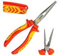 C.K Tools Redline VDE Long Snipe Nose Pliers with Wire Cutting, 200 mm | Individually Tested to 10,000 V, Cuts 1.6 mm Hard Wire and 2.0 mm Medium-Hard Wire, Made in Germany, for Live Work to 1,000 V