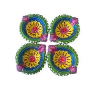 C&S 4 X Handcrafted Clay Diya with Green and Blue Finish, Yellow Flower Centre and Stone Work, Traditional Oil Lamp for Diwali, Pooja, Temple, Rangoli, Festival Lighting, Home Mandir & Gifting