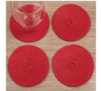 C&S 4pc Round Placemats & Coasters Handmade Red Jute Table Decor Handwoven Rustic Dining Set Heat Resistant Table Mats for Kitchen, Home, Café, Parties, Special Occasions & Gift