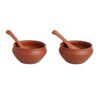 C&S Homestore 2 x Handmade Earthen Clay Soup Bowls with Spoons 10cm Rustic Dessert Cereal Serving Bowls Handled Tableware for Soup Curry Snacks Ice Cream Kitchen Dining Serveware Set Traditional Use