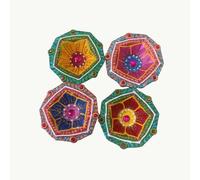 C&S Homestore 4 x Floral Clay Diyas with Pink Stone Work | Hand Painted Mitti Diya | Lanterns for Diwali/Deepawali Decoration | Handmade Colourful Indian Ethnic Diyas