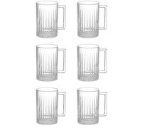 C&S Homestore 6 x Glass Tea Coffee Mugs 310ml - Clear Ribbed Drinking Cups with Handle for Hot & Cold Beverages, Tall Transparent Glassware for Latte, Cappuccino, Hot Chocolate, Juice, Iced Drinks