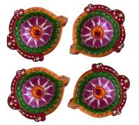 C&S Homestore Multicolour Hand Painted Clay Diya Traditional Festival Oil Lamp with Gemstone Accent for Pooja, Diwali, Home Décor and Gifting - 10.5cm x 2.5cm