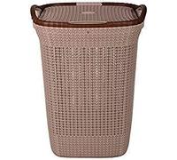 C&S Homestore Rope Laundry Basket with Lid - Plastic Storage Hamper with Handles for Clothes, Bathroom & Bedroom - Durable Organizer in Brown, Beige & Grey - Stylish & Space-Saving Design (Beige)
