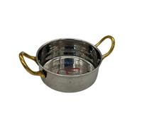 C&S Homestore Stainless Steel Hammered Mini Traditional Kadai/Balti Serving Dish with Brass Handles 11cm x 4cm