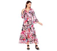 C & S New Women Long Sleeve Boho Print Dress V Neck Floral Split Dress Stylish Loose Casual Dress UK (PINK-0037)