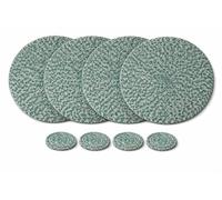 C&S Round 4pc Placemats & 4 pc Coasters Handmade Green & Cream Jute Table Decor Handwoven Rustic Dining Set Heat Resistant Table Mats for Kitchen, Home, Café, Parties, Special Occasions & Gift
