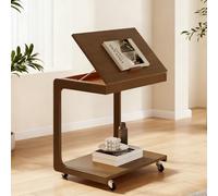 C-Sd Rolling End Table - Adjuble Solid Wood Side Table for Smals le Sofa Coffee Table with Wheels - Ideal for Bedroom & Living Room (Brown)